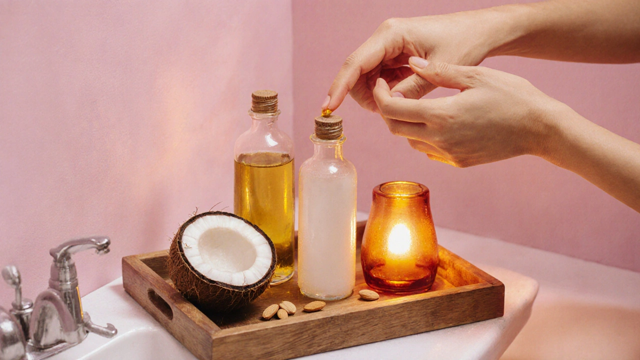 Domácí rituál: osoba si přelévá přírodní olej na hlavu v teplém prostředí.