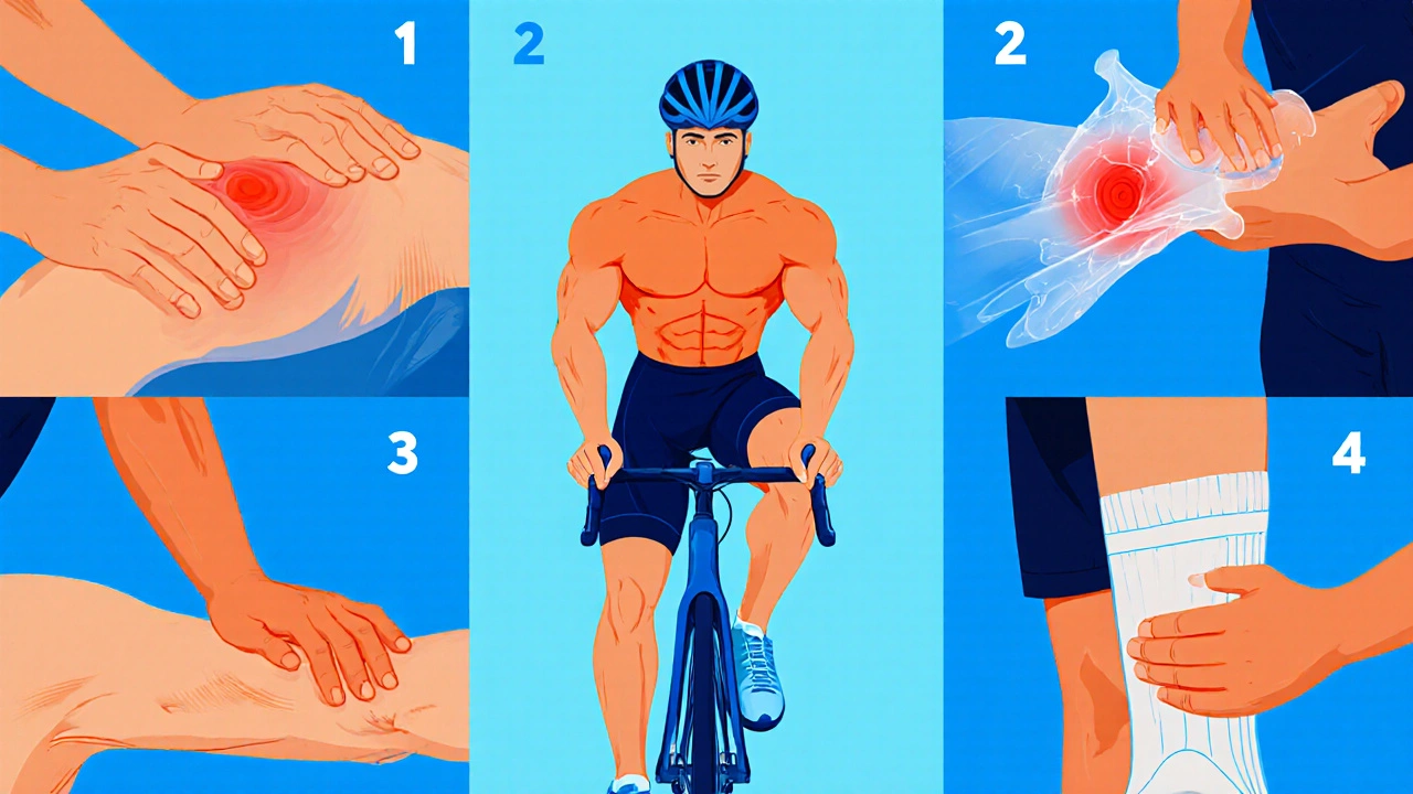 Ilustrace pěti technik sportovní masáže: hluboká tkáň, švédská, trigger point, myofasciální a protahovací.