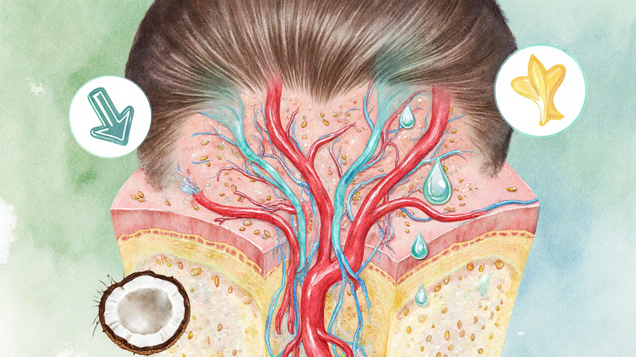 Křížový řez skalpu s jasnými cévami, lymfatickými kanály a kapkami oleje.