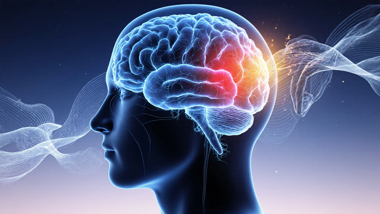 Přehled lidského těla s aktivací mozku během masáže: amygdala uklidněná, prefrontální kůra zářící.