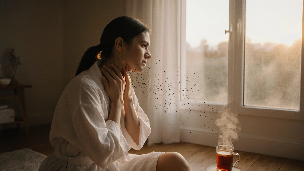 Žena provádí samomasáž krku doma při světle dne, klidná atmosféra a teplý nápoj na stole.