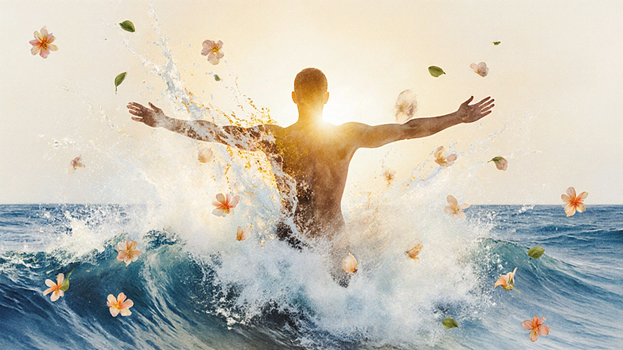 Abstraktní silueta postavy se mísí s oceánskými vlnami a květy, znázorňující uvolnění těla a duše.