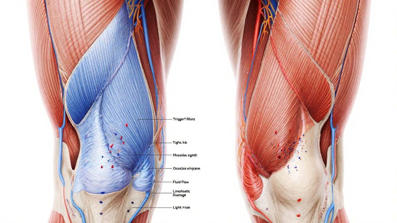 Anatomický náčrt ukazující změny v tkáních po rehabilitační masáži.