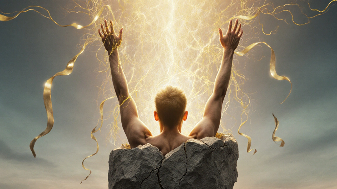 Člověk se uvolňuje z tvrdé skořápky, symbolizující obnovu pohybu a zdraví.