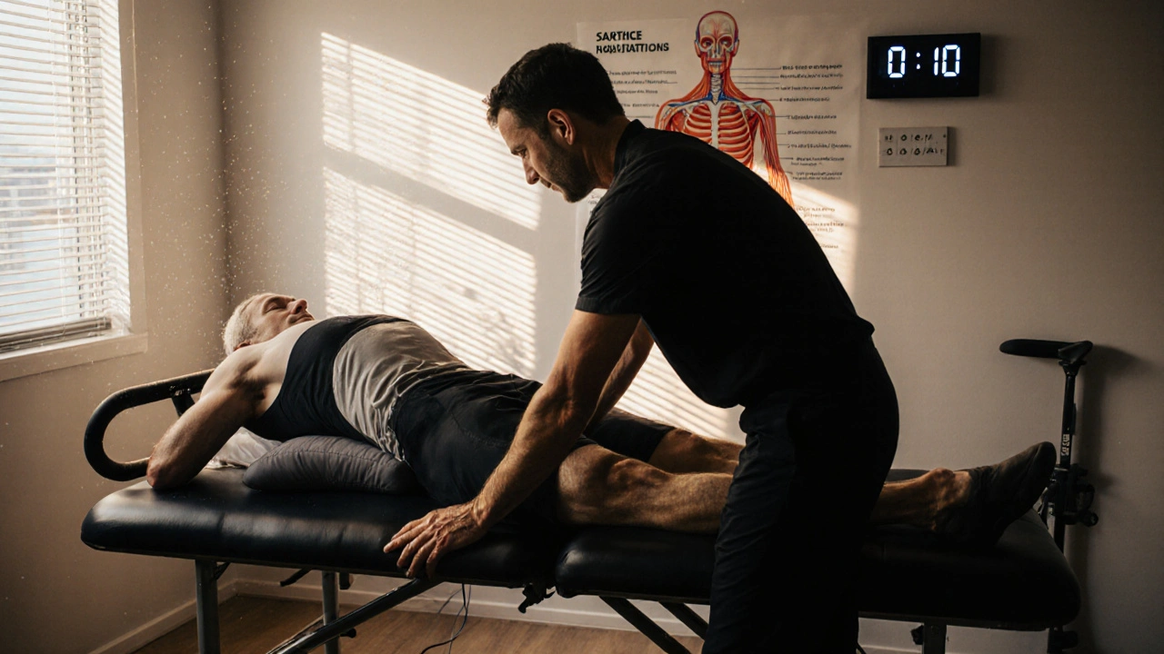 Cyklista na léčebném stole dostává masáž kyčle od terapeuta.