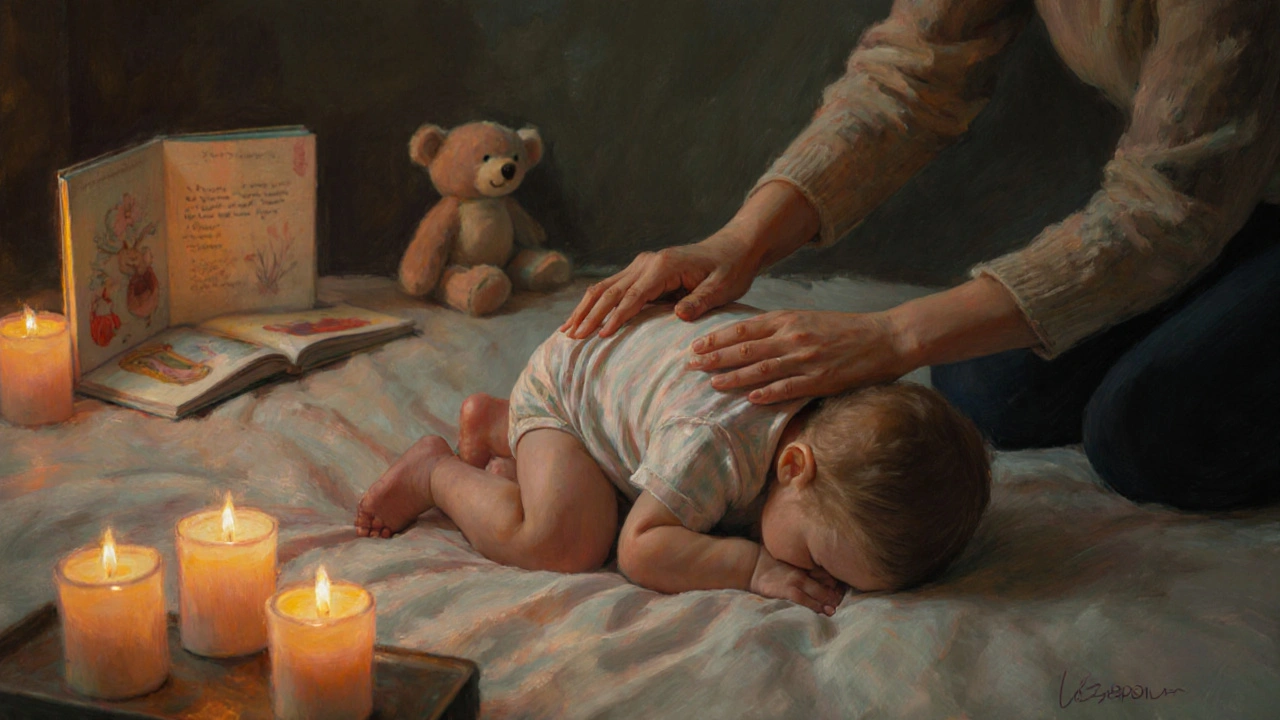 Dítě leží na bříšku, zatímco rodič jemně masíruje záda před spaním.