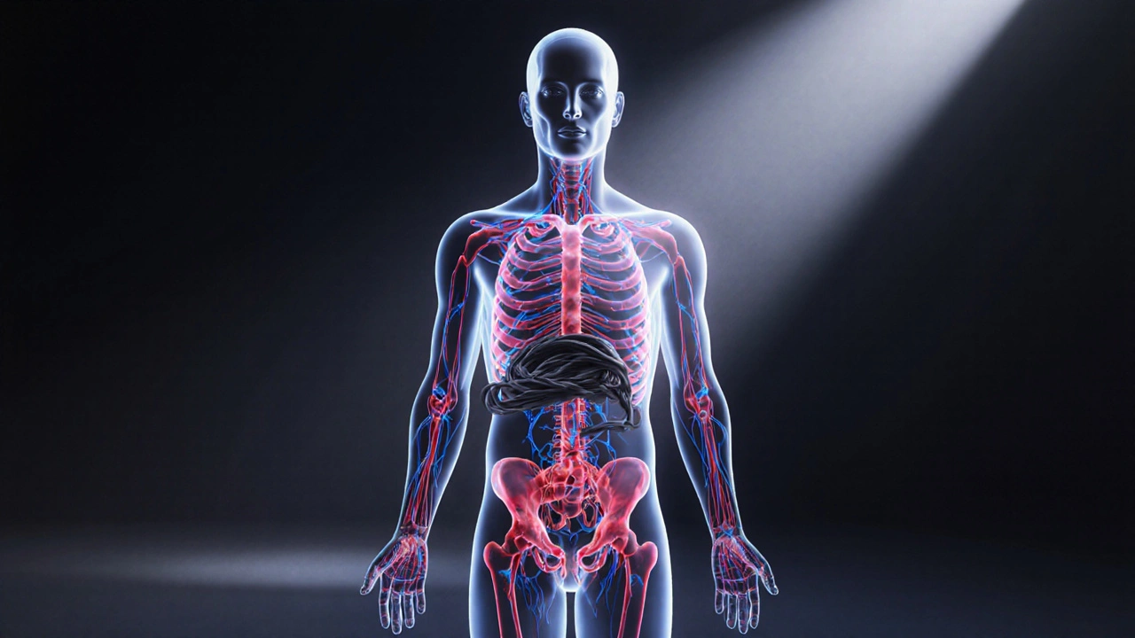 Kontur těla s osvětlenými cestami krve a lymfy, jak jsou fascie postupně uvolňovány.