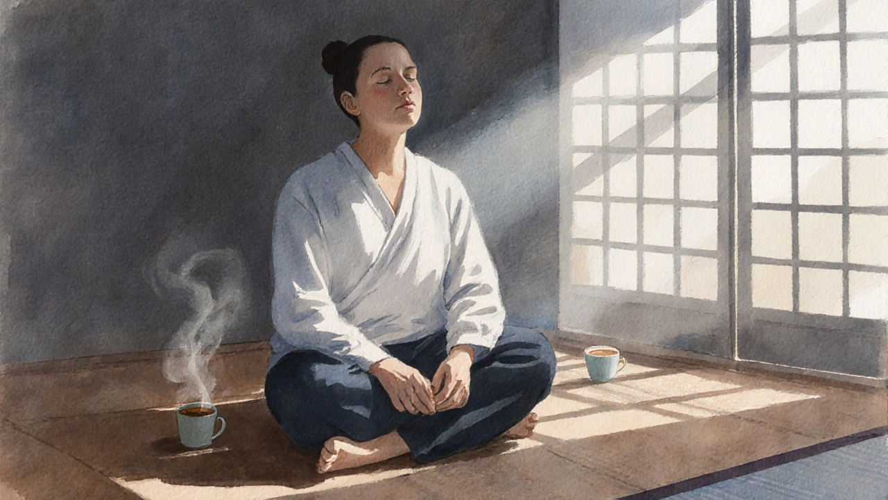 Osoba sedí klidně po shiatsu masáži, dýchá hluboce v klidném prostředí.