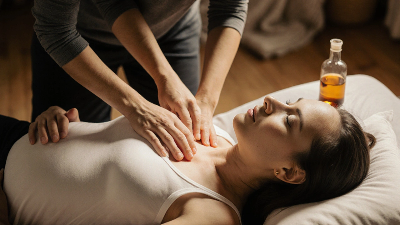 Pomocník jemně masíruje záda těhotné ženy ležící na boku.