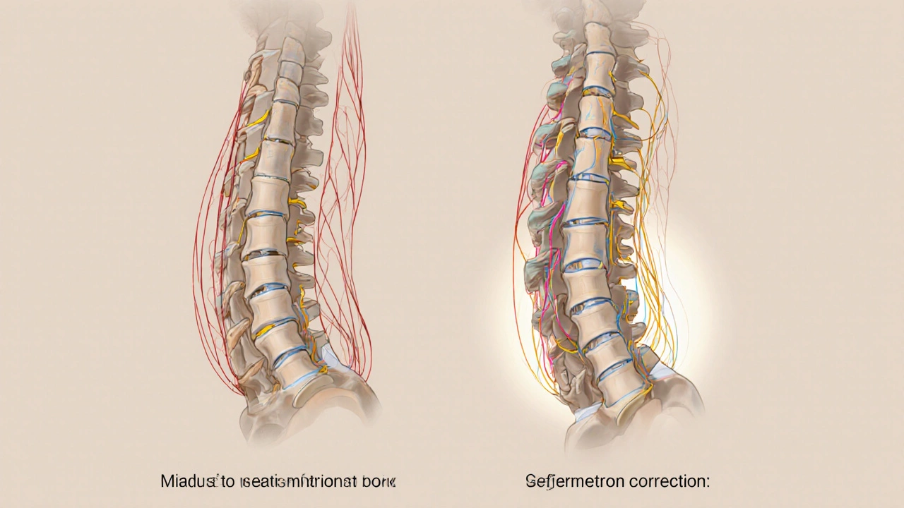 Porovnání narušené a vyrovnané polohy páteře a kyčle v lidském těle.