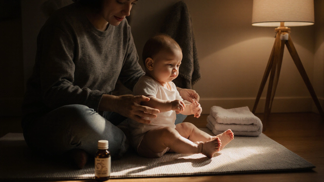 Rodič pomalu krouží nožkami miminka, aby uvolnil plynatost, v klidném prostředí.