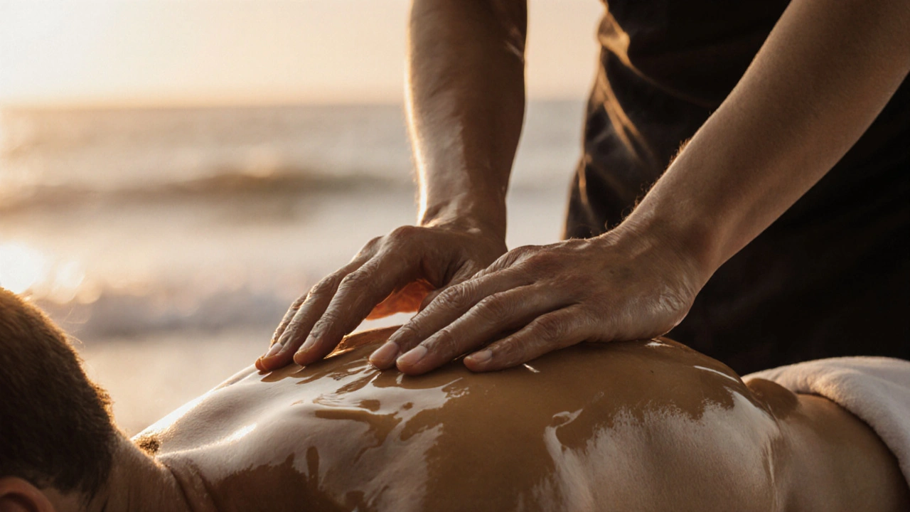 Ruce maséru klouzají po těle s olejem, v pozadí se vynořují vlny oceánu, symbolizující plynulý pohyb.