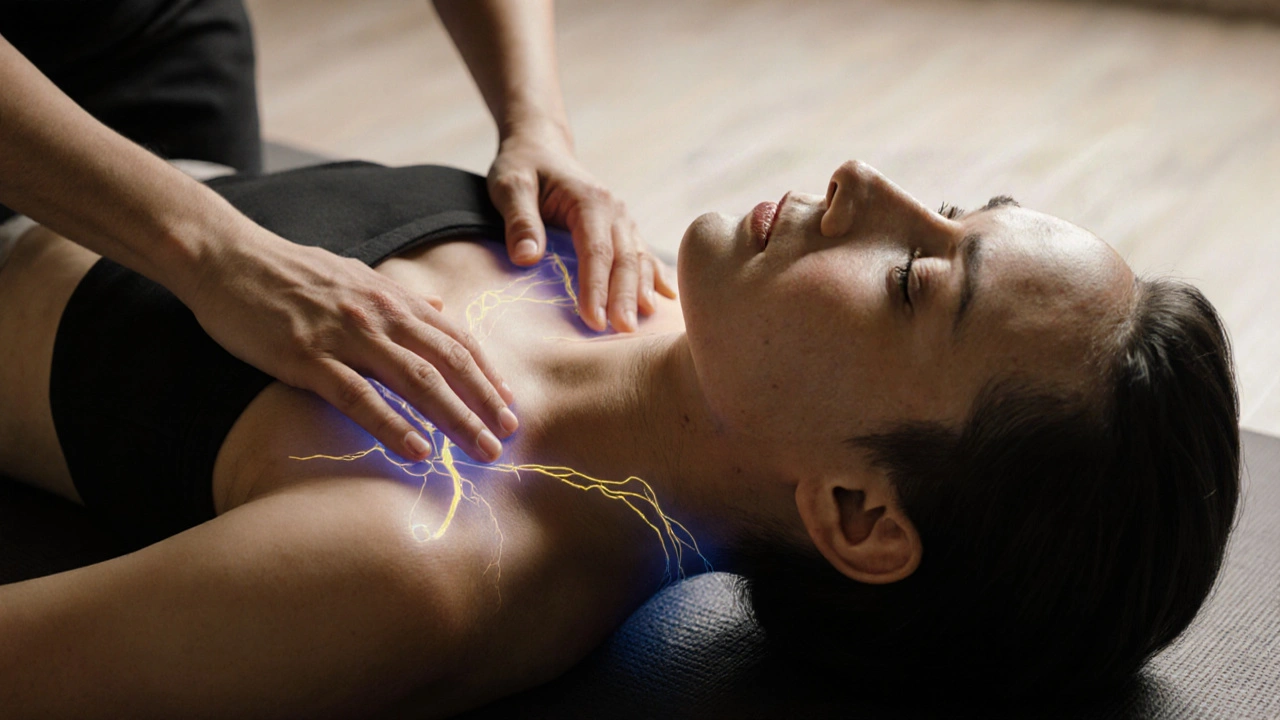 Ruce terapeuta tlačí na energetické body na zádech během shiatsu sezení.