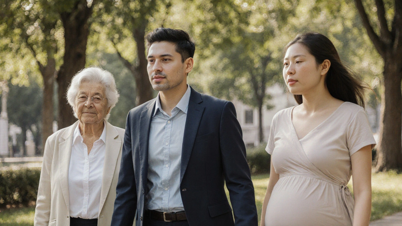 Různí lidé s vyrovnanou postavou procházející parkem po Dornově metodě.