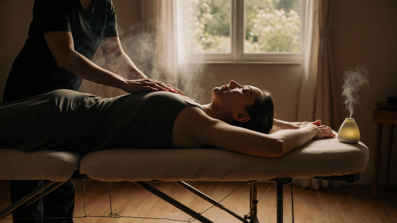 Těhotná žena si nechává masírovat záda na boku, masér používá klidný olej, v pozadí je klidný zahradní výhled.