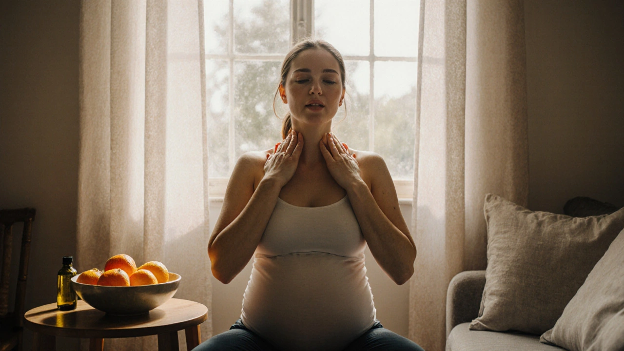 Těhotná žena si sama masíruje ramena a krk v klidném prostředí.