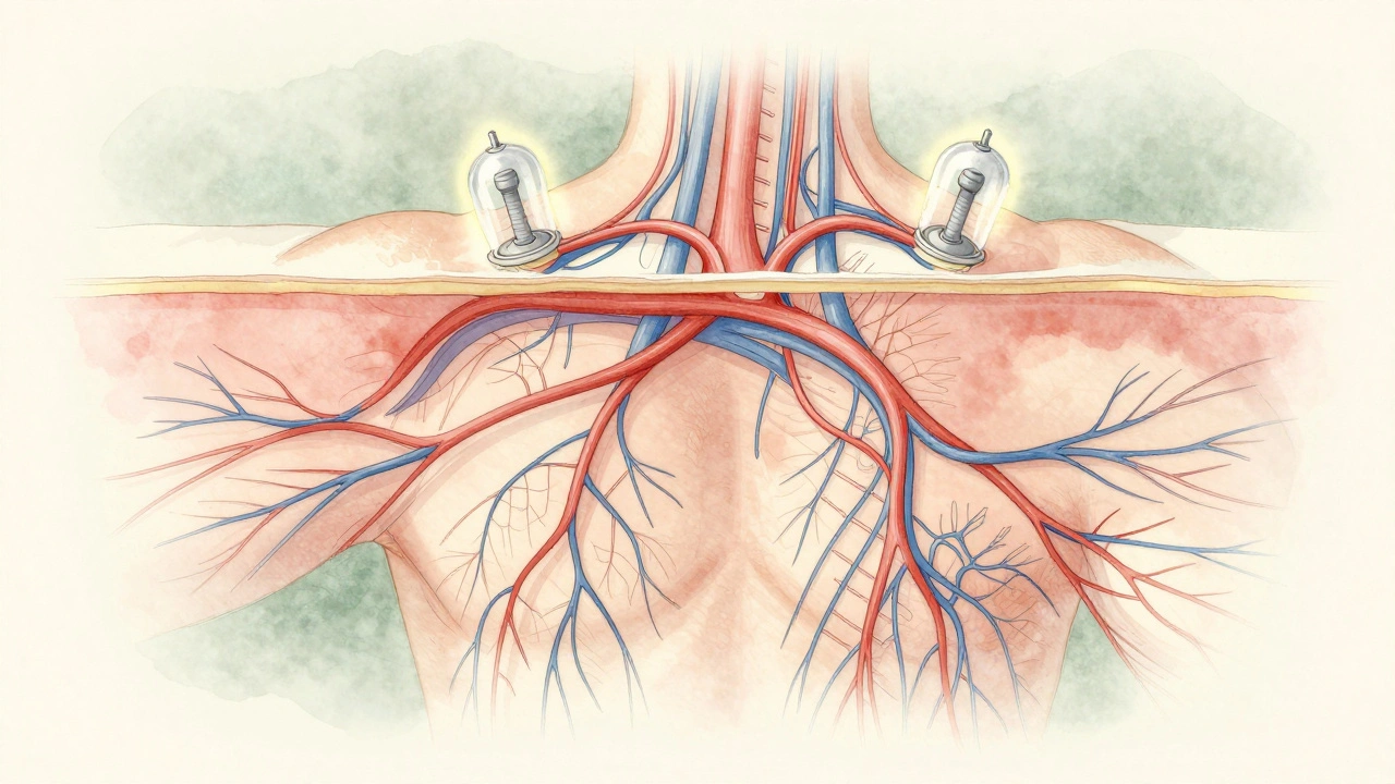 Abstraktní vnitřní pohled na krevní oběh a lymfu pod kůží při vakuoterapii.