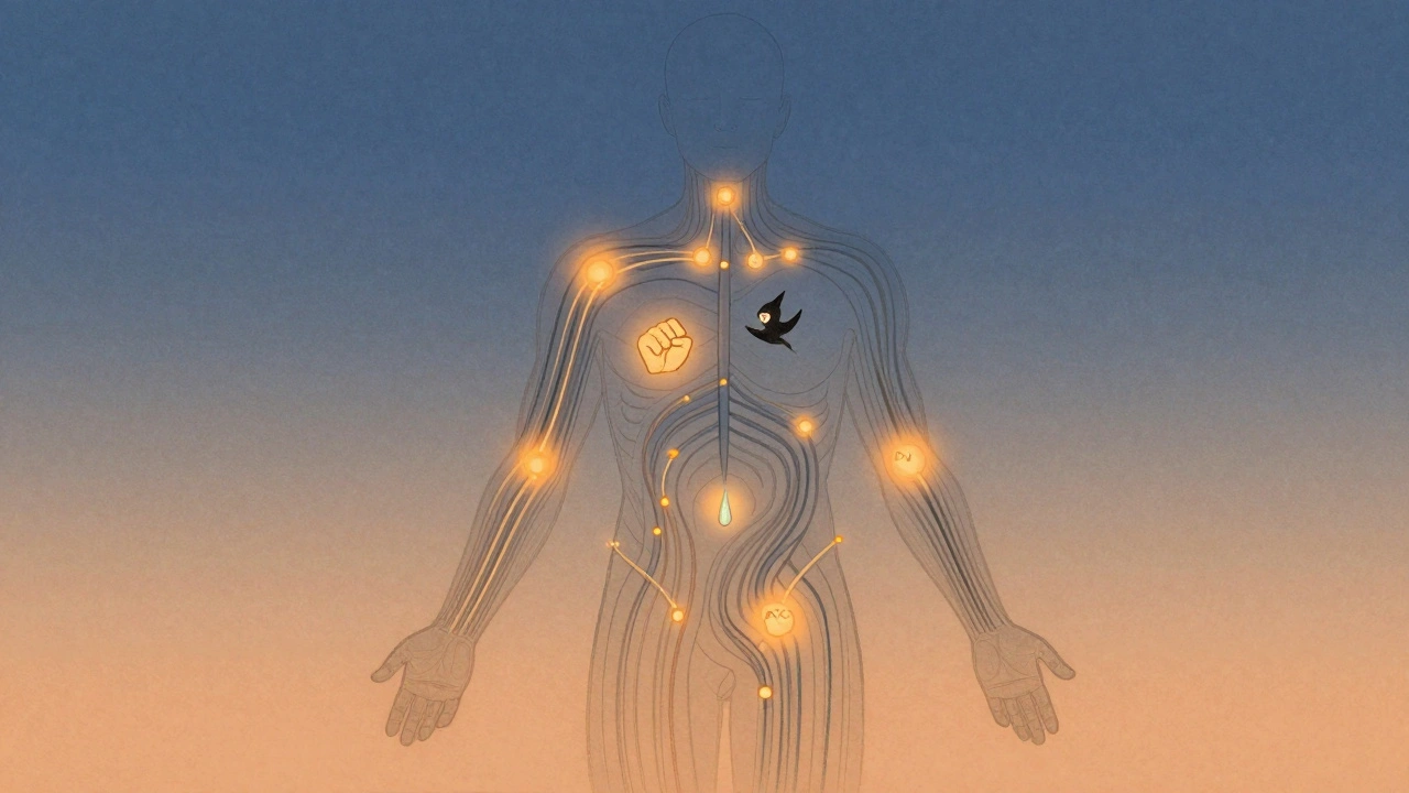 Abstraktní znázornění energetických meridiánů těla s vybranými body a emocionálními symboly se rozptýlujícími se vlnami energie.