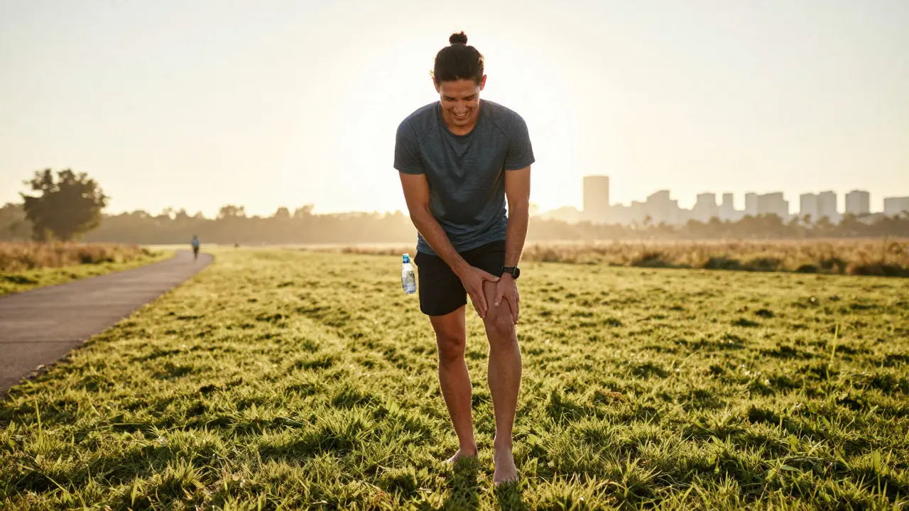 Běžec se usmívá po masáži na ranném slunci, drží láhev vody.