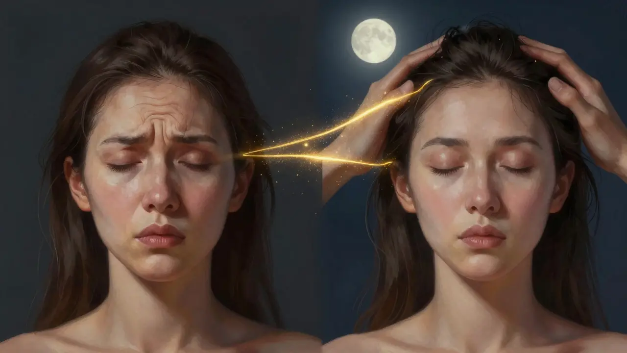 Dvě verze tváře: napjaté čelo s vráskami a klidné čelo po masáži, spojené zlatou cestou.