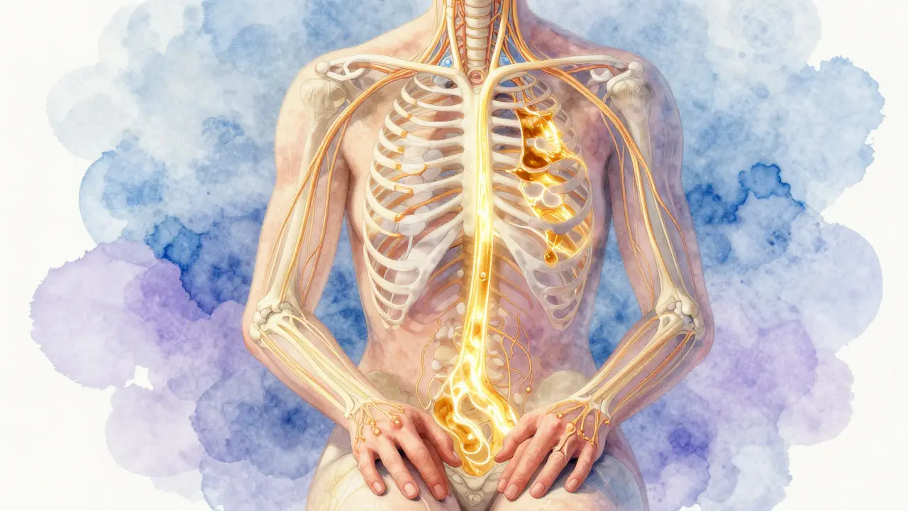 Glowing lymfatický systém s průtokem tekutiny směrem k uzlům, zmenšující otoky u kloubů.