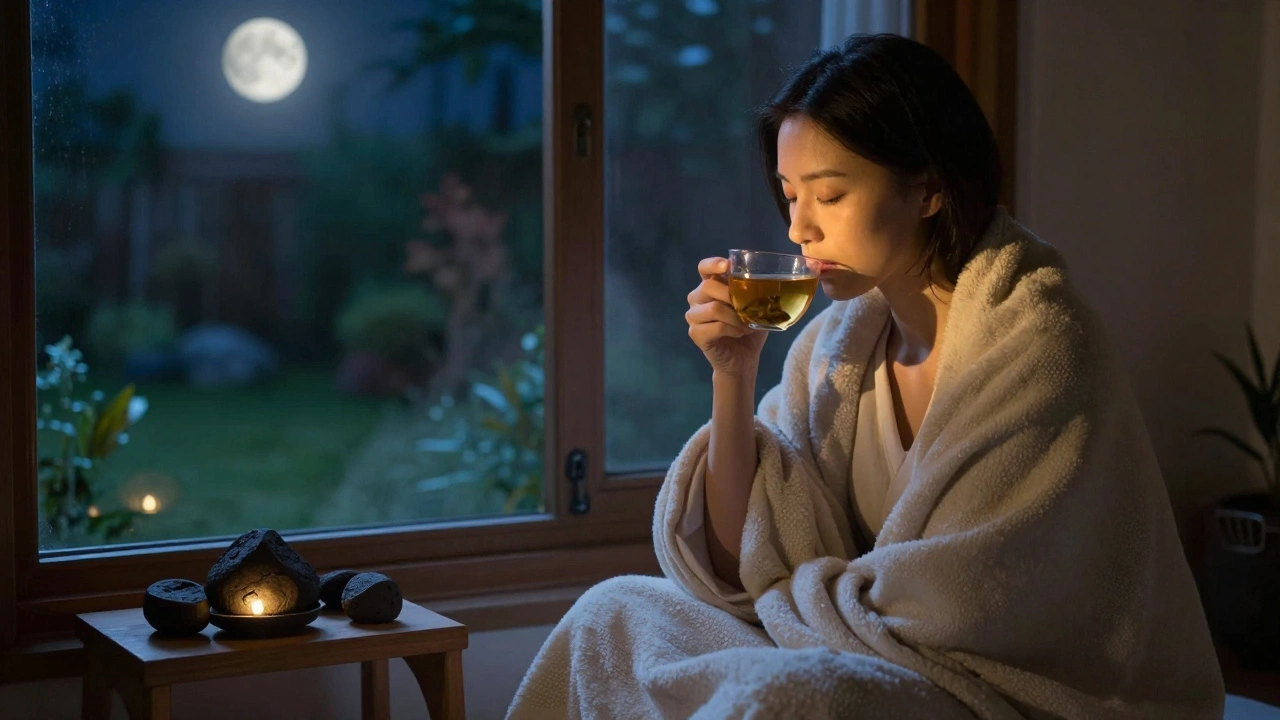 Osoba sedí u okna po masáži, pije čaj a cítí klid pod měsíčním světlem.