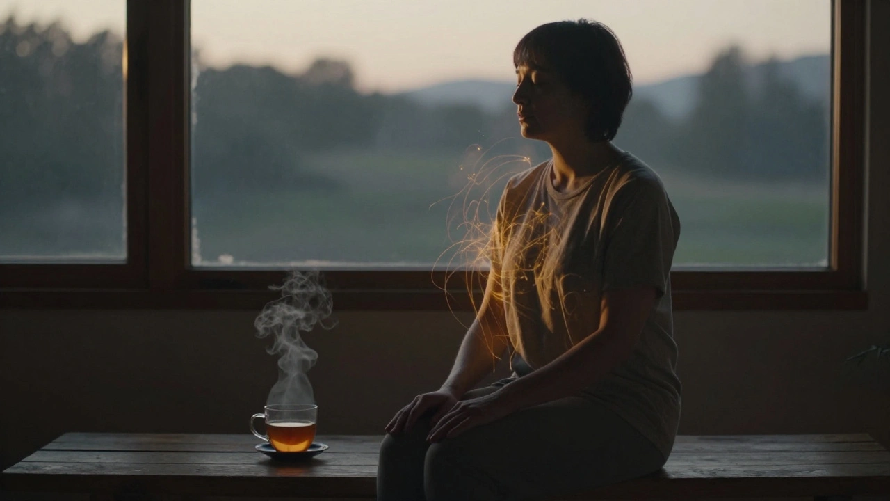 Osoba sedí v klidu po šiatsu sezení, záře západu osvětluje její tělo, z ní vystupují jemné energie.