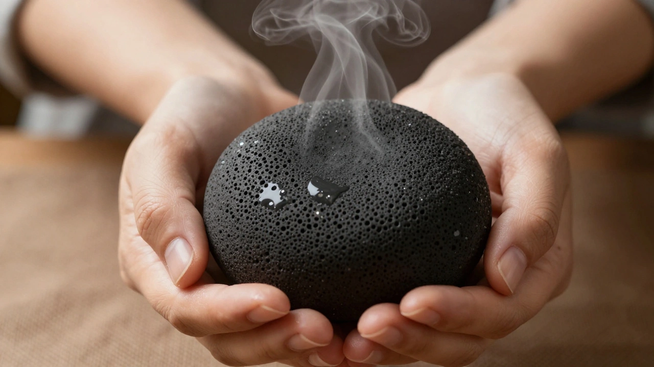 Ruce drží hladký, teplý lávový kámen s přírodními texturami a drobnými kapkami vody.