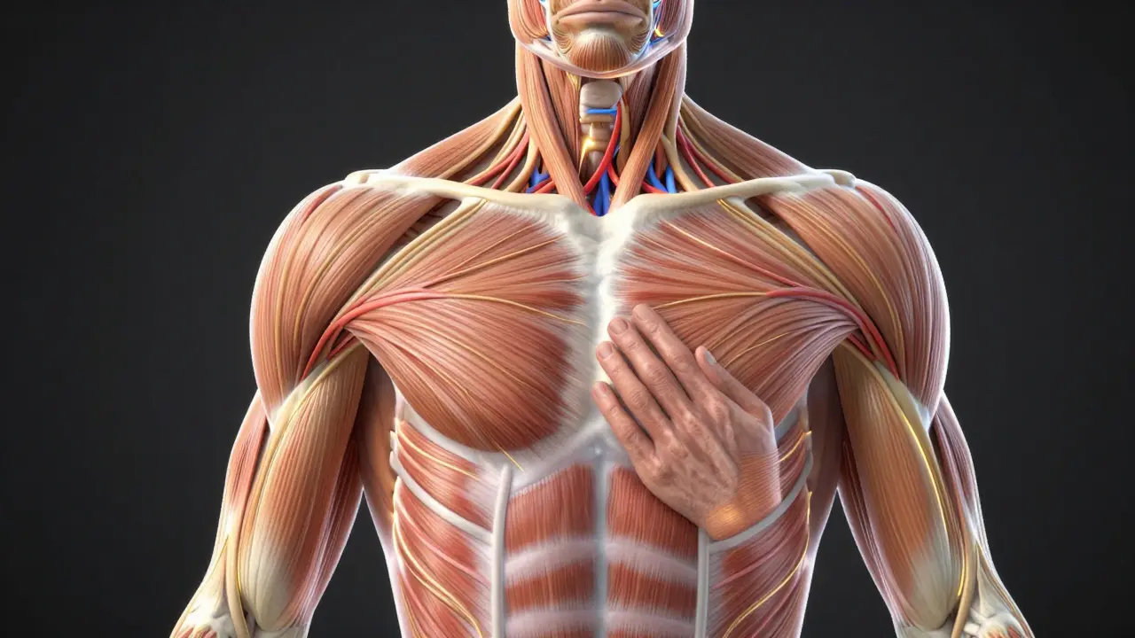 Transparentní ilustrace svalů a fascie s proudy krve při uvolňování napětí.