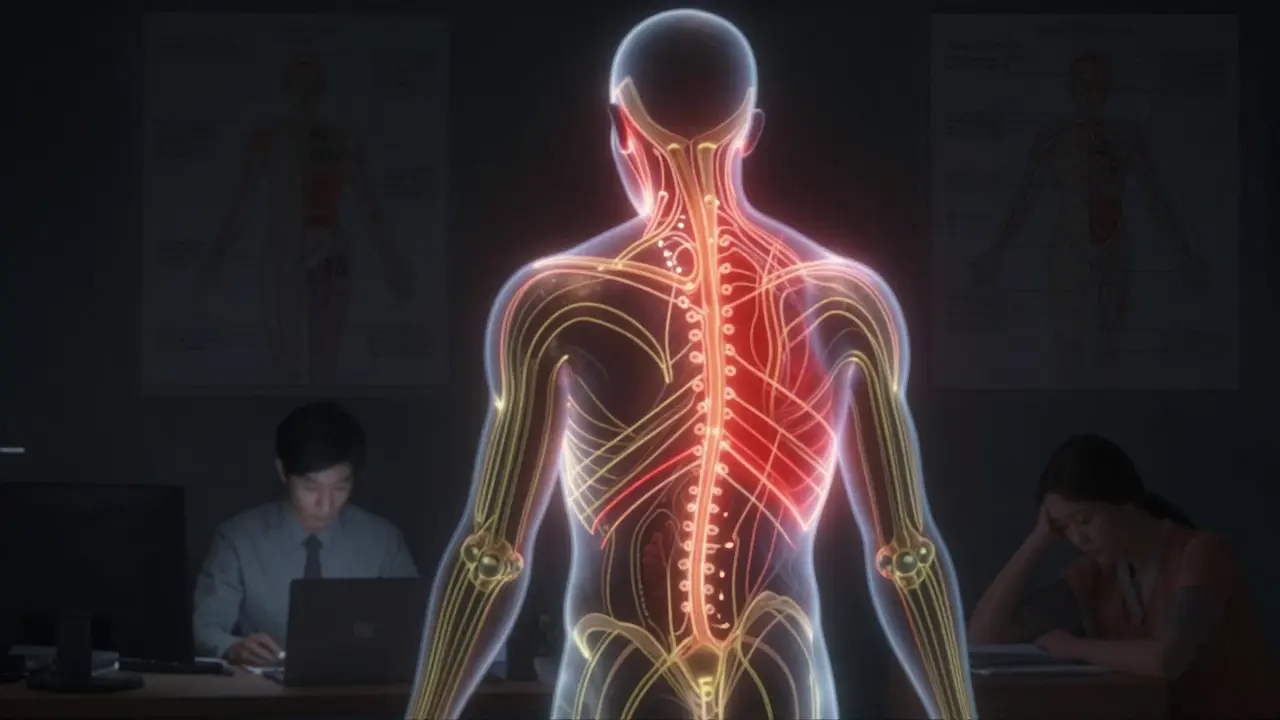 Grafické znázornění tělesných energetických linií sen s blokádami v oblasti zád a krku.