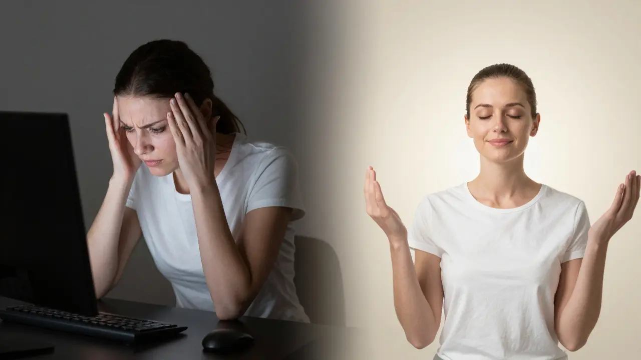 Před a po: napětí v krku a hlavě versus klid a uvolnění.