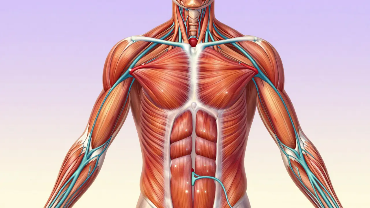 Průřez tělem s viditelným prouděním krve a lymfy během masáže.