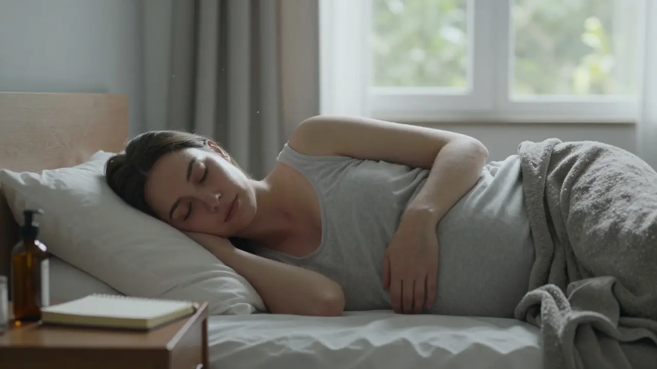 Těhotná žena spí klidně v bokové poloze v posteli, měsíční světlo osvětluje její tvář a polštář mezi nohama.