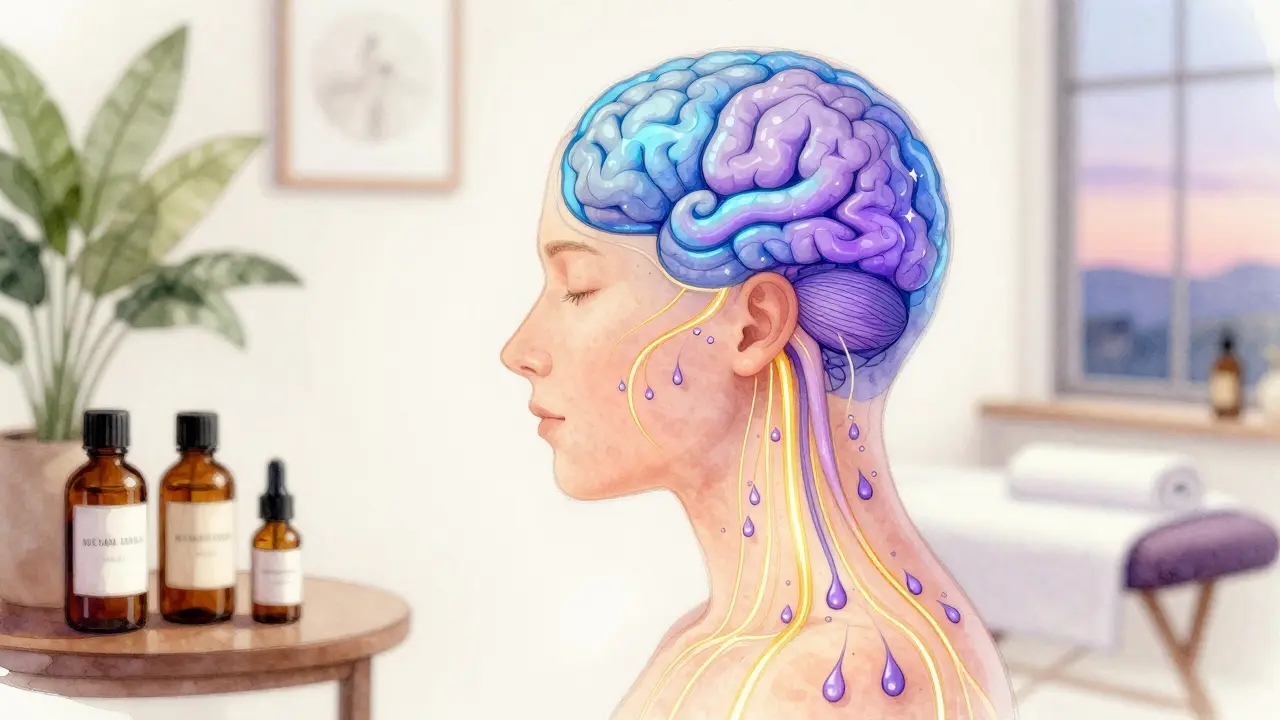 Transparenntní ilustrace vstřebávání esenciálních olejů do těla a jejich vliv na mozek.