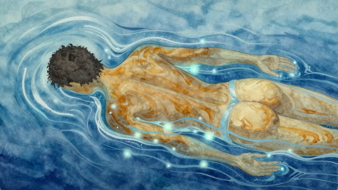 Abstraktní znázornění toku energie tělem během masáže Lomi Lomi, kde vlny barvy odstraňují napětí.