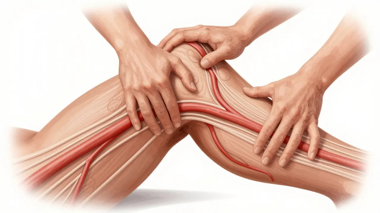 Ilustrace myofasciálního uvolňování a trigger point terapie na noze.