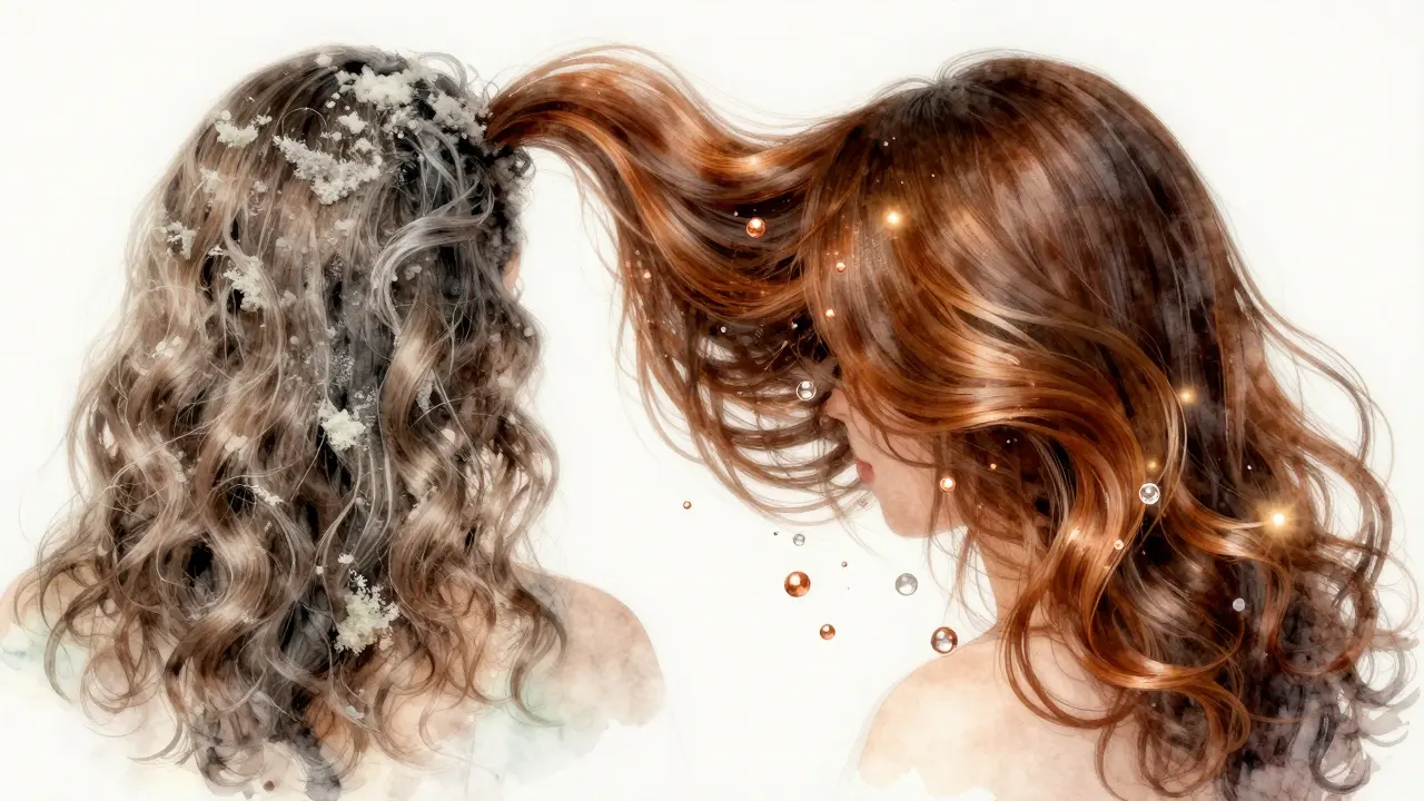 Před a po: dullní vlasy s minerály a zeleným nádechem proti živým, lesklým vlásům po čištění.