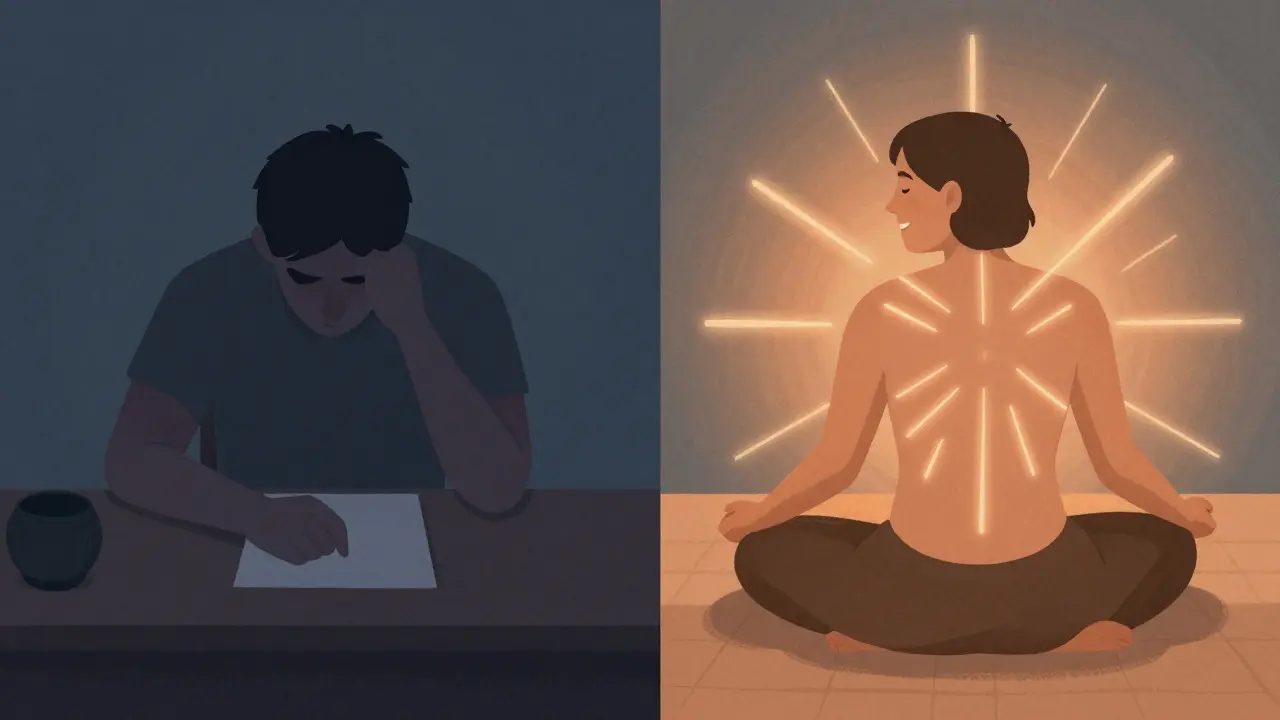 Před a po: napjaté tělo vlevo, uvolněné a světlé tělo vpravo, symbolizující účinky havajské masáže.