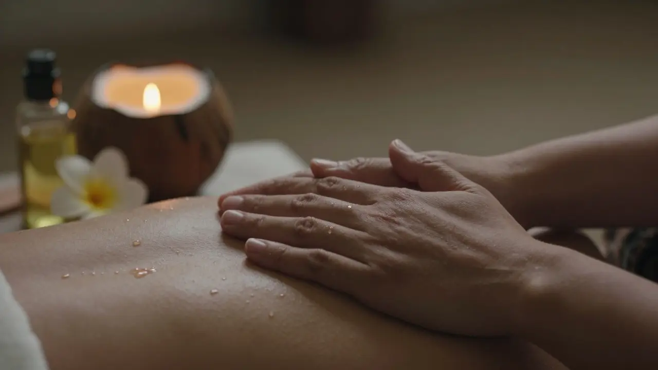 Ruce člověka klidně odpočívají na prsou během Lomi Lomi masáže, oči zavřené, slzy na tváři.