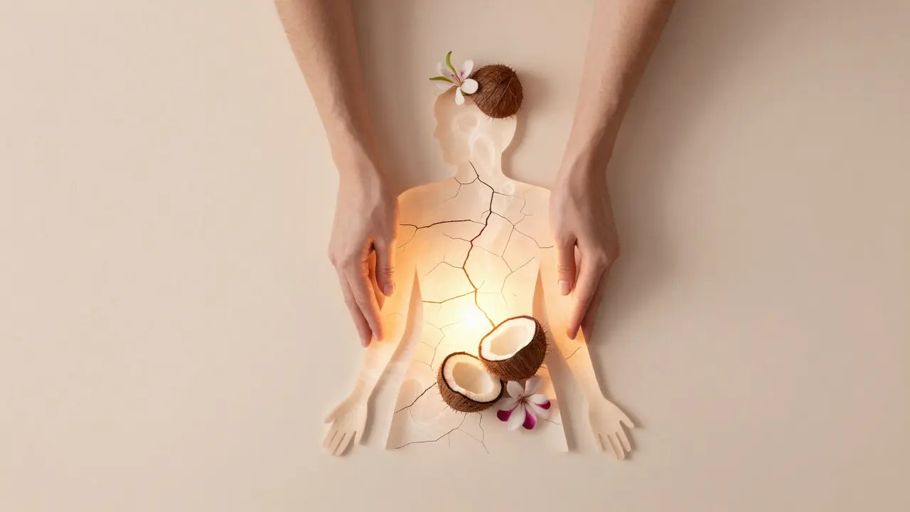 Symbolický obraz těla uvolňujícího stres ve formě světla a vůní, kdy ruce pomáhají obnovit vnitřní rovnováhu.