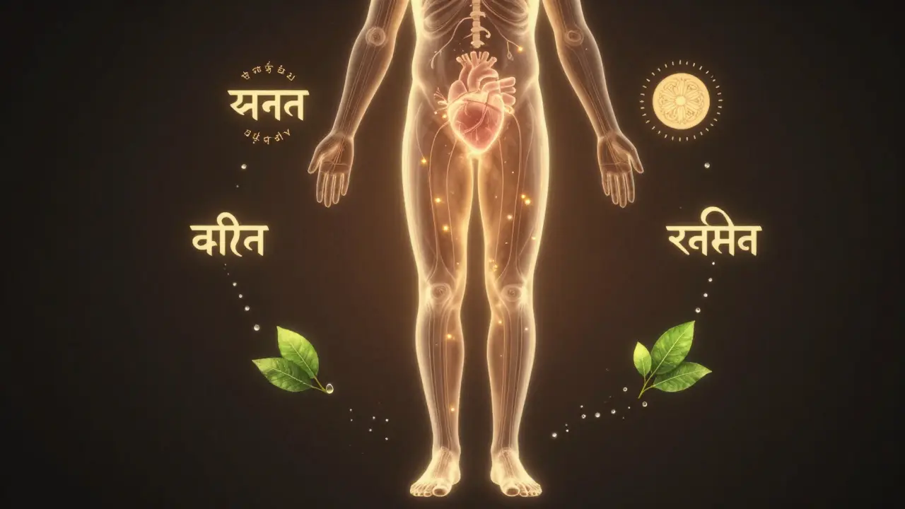 Tělo září energií s cestami oleje směřujícími ke srdci a symboly tří konstitucí.