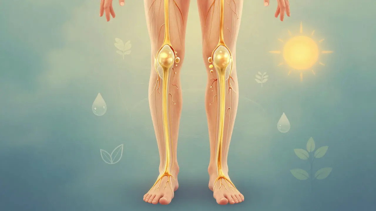 Translucenntní proudy lymfy tečou tělem směrem k lymfatickým uzlinám, symbolizující přirozené čištění.