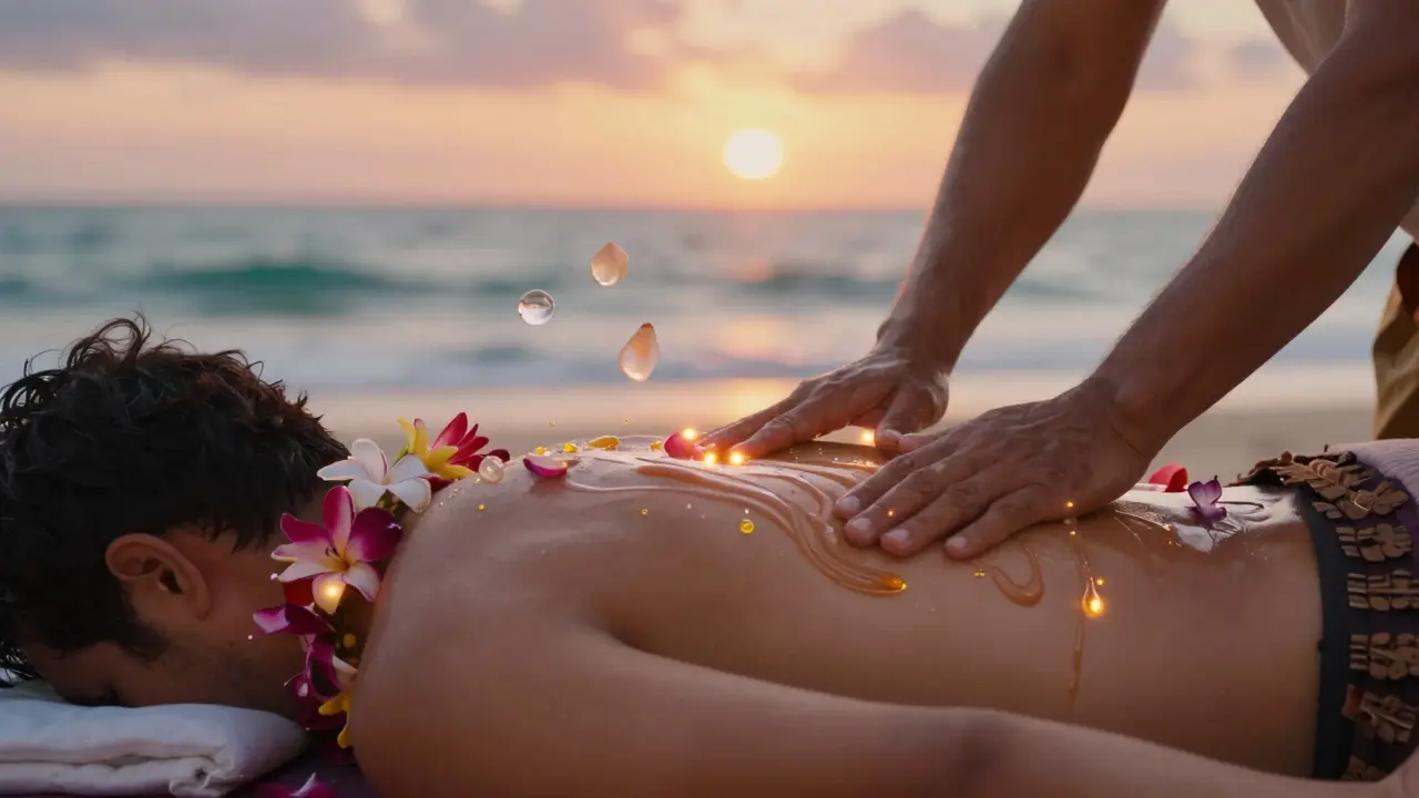 Umělecké znázornění rituálu lomi lomi s vlnovitými pohyby rukou a plavoucími květy tiare v atmosféře oceánu.