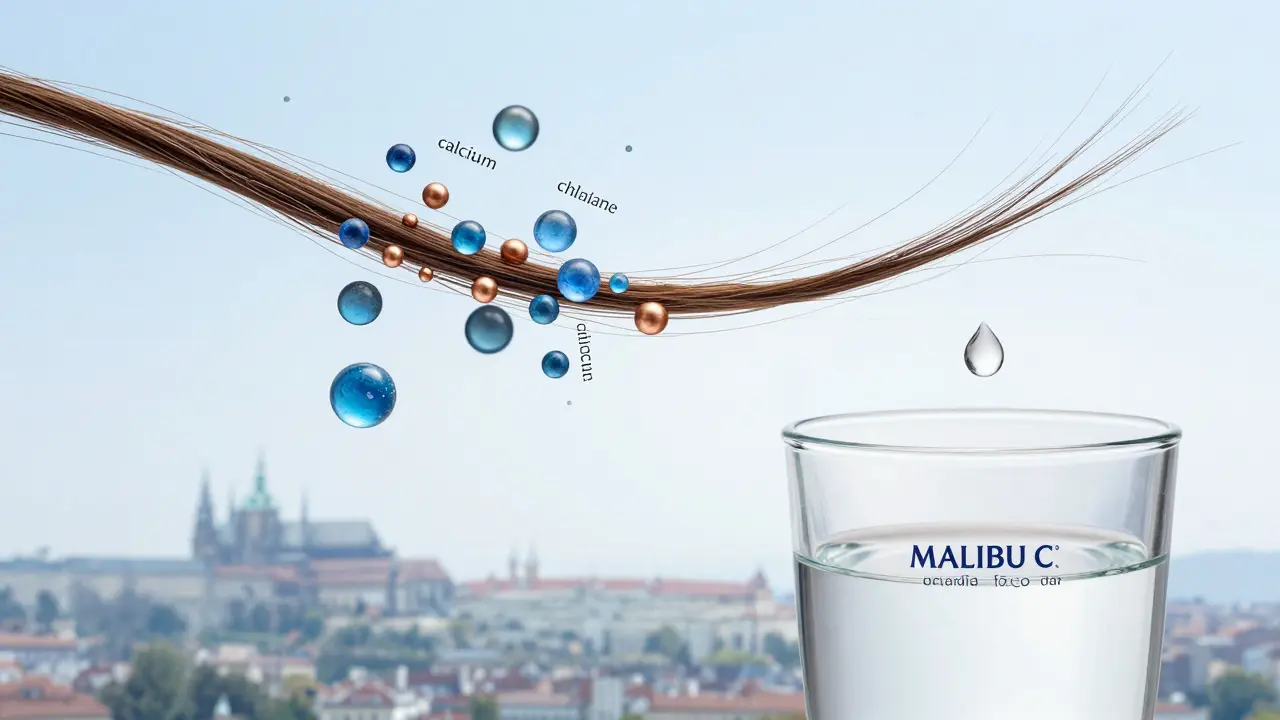 Zvětšený pohled na vlásek s rozpuštěnými minerály, symbolizující čištění Malibu C.