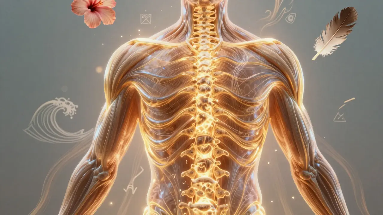 Abstraktní vizualizace energie proudící tělem jako zlaté vlny, symbolizující uvolnění napětí v havajské masáži Lomi Lomi.