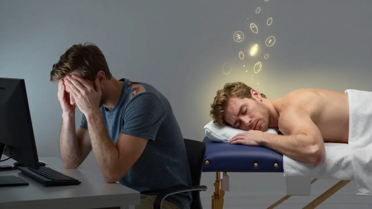 Dvě strany jednoho muže: jeden strachy napjatý, druhý klidně spící během masáže.