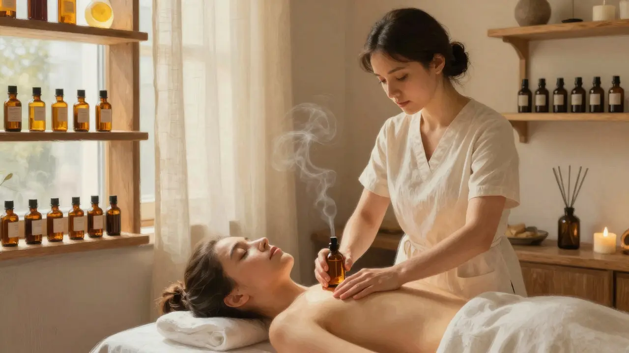 Masér aplikuje esenciální olej na záda klienta v klidném wellness prostředí s přírodním osvětlením.