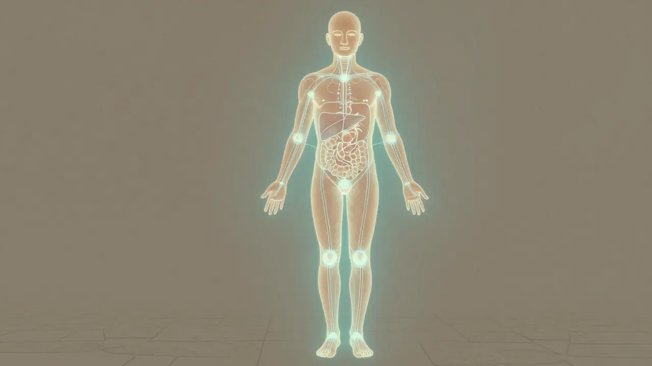 Schematický výkres spojení reflexních zón s vnitřními orgány.