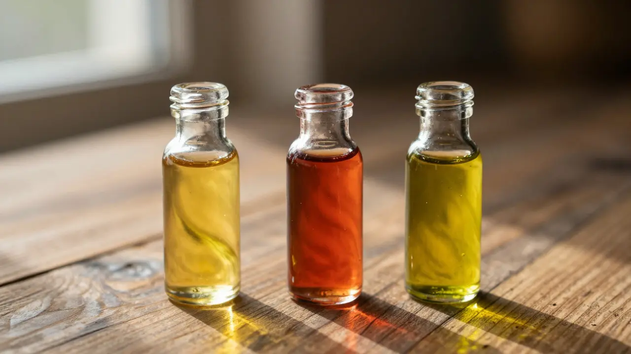 Skleněné lahve s léčivými rostlinnými oleji.