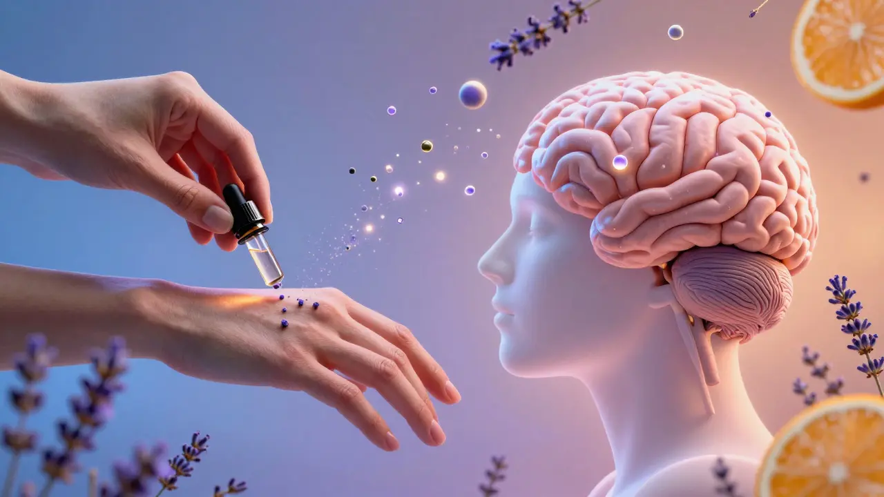 Surreální obraz: olej vstřebávaný kůží a vůně působící na mozek, symbolizující tělesné a mentální uvolnění.